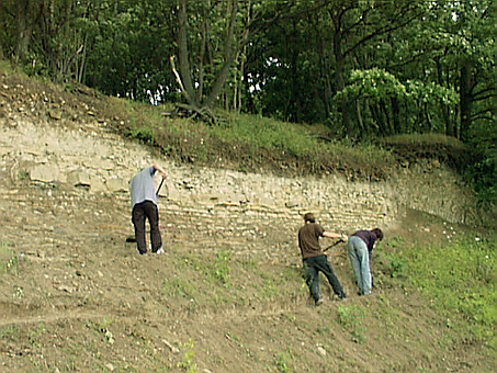 Bild: Unsere Genossen bei der Arbeit an der Abbruchkante des Steinbruches